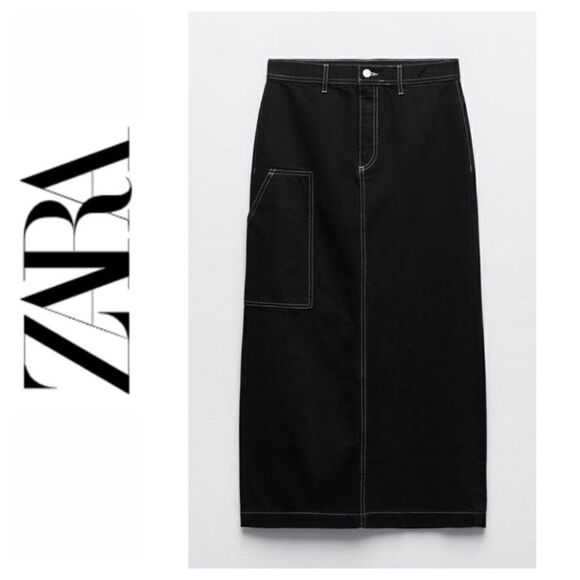 NWT Zara High Waist Long Black Denim Contrast Stitched Apron Skirt, Size XXS - Picture 1 of 9